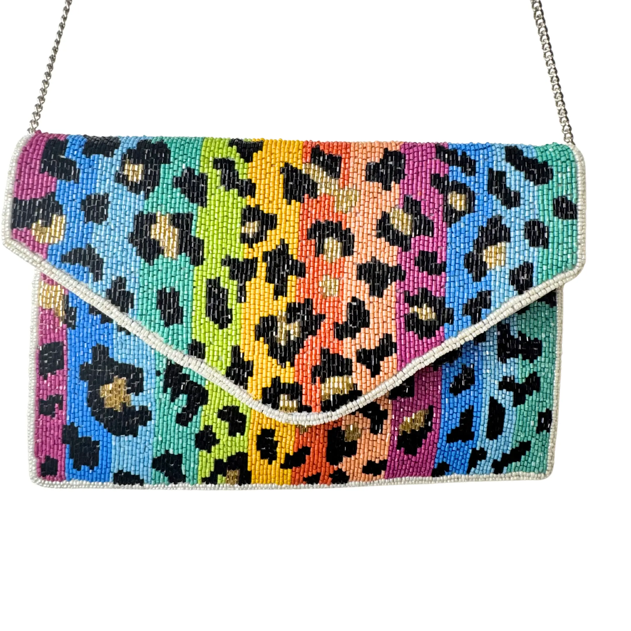 Rainbow Leopard Beaded Clutch – Handmade Colorful Animal Print Clutch Bag