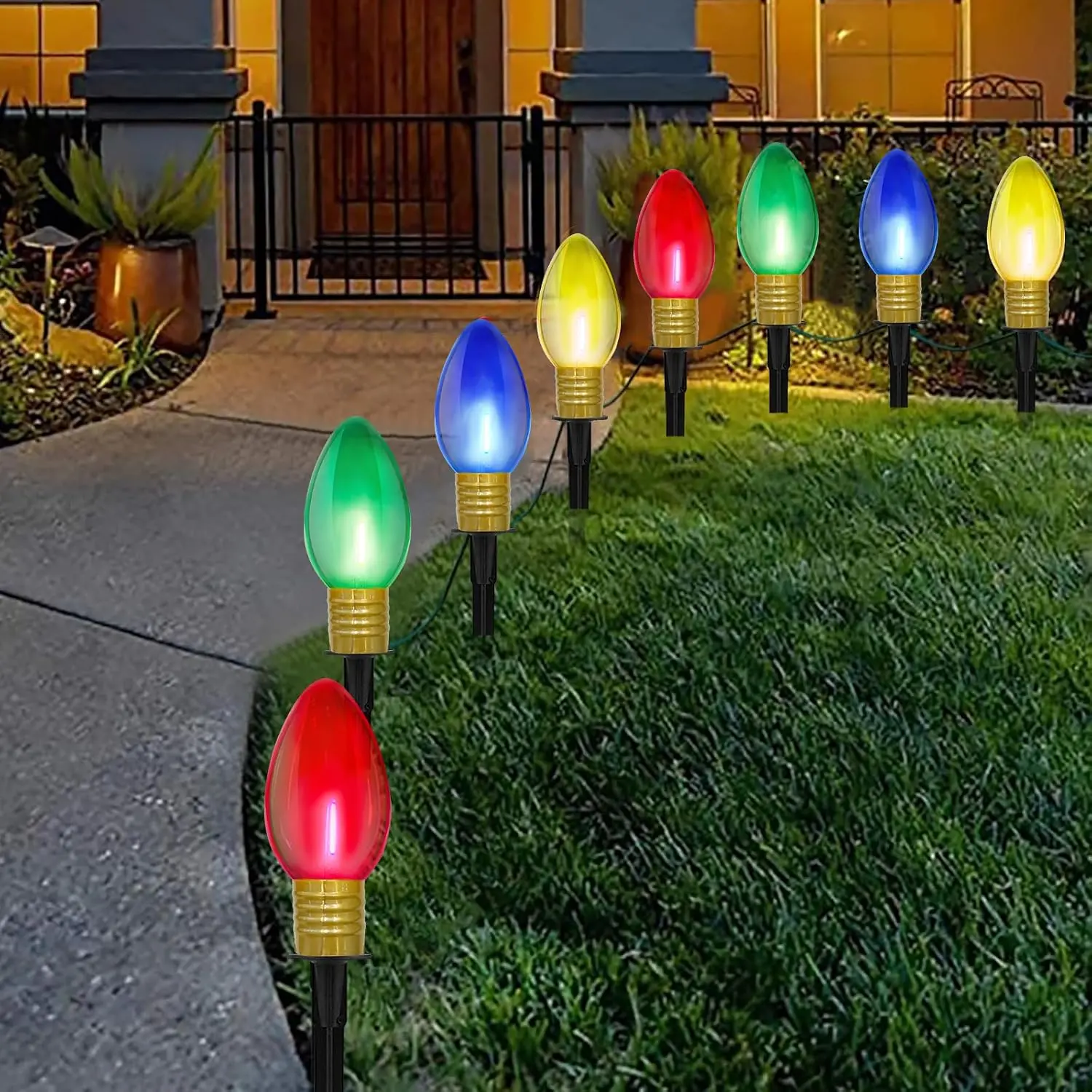 Jumbo C9 Christmas Pathway Lights Outdoor,14FT 8 LED C9 Jumbo Multicolor Christmas Walkway Lights, Connectable Outdoor Decorations Sta Light for Outside Lawn Yard Garden Sidewalk Driveway