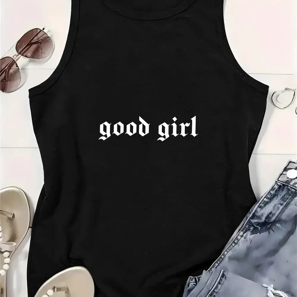 Women's Premium Blend Sleeveless Stretch Scoop Neck Tank Top - Breathable Spandex Fabric, Casual Gothic Style, Digital Print "Good Girl" Vibe, Classic Aesthetics, Versatile Jacket-Ready Layering Piece
