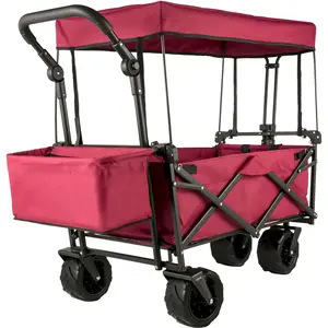 Large foldable garden handcart with detachable roof, foldable truck with wheels and rear storage, multifunctional vehicle for gardens, camping, grocery carts, shopping carts, red