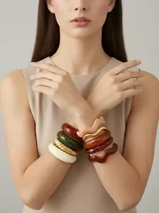 Vintage Elegant Bohemian Colorful Acrylic Ccb Resin Open Bracelet Set, Multi-Material Combination, Suitable for Daily Wear, Random Shipping