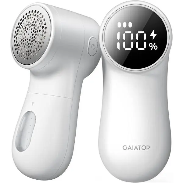 GAIATOP Fabric Shaver Rechargeable Lint Remover, 3 Speeds Sweater Defuzzer | Fuzz Pills Bobbles Trimmer, Cute Digital Screen Large Storage 6-Leaf Blades, for Clothes Furniture Bedclothes White 1 pcs