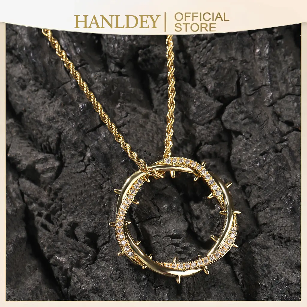 Crown Of Thorns with Cross Nails Pendant Iced Out Necklace for Women and Men 14K Gold Plated 5A CZ Necklace,Fashion Hip Hop Jewelry, Gift for Him