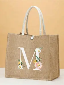 Linen Tote Bag, Includes 1 Tote Bag Printed With A-Z Letters, White Letters, Sunflower Pattern, Personalized Gift Packaging, Yellow Linen Tote Bag With White Snap Closure, Suitable For Weddings, Birthdays, Beaches, Holidays, And More