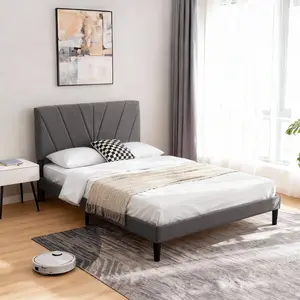 Bed Frame with Adjustable Headboard, Heavy Duty Platform & Reinforced Slats - No Box Spring, Grey