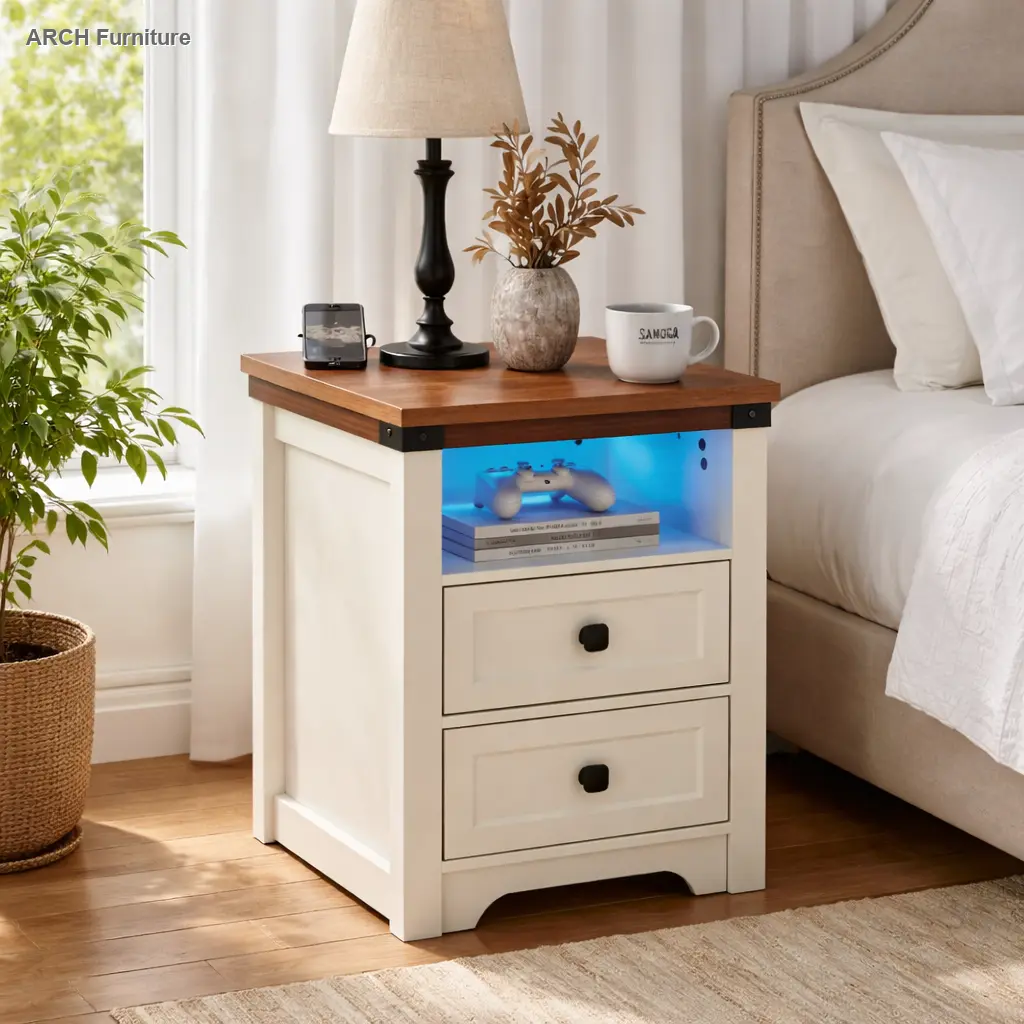 Farmhouse Side Table with Charging Station, Antique Nightstand with Drawer and Open Shelf, Bedside Table for Bedroom, Living Room, White Finish, USB Ports, Small End Table for Small Spaces, Nightstand Storage Furniture Search Terms