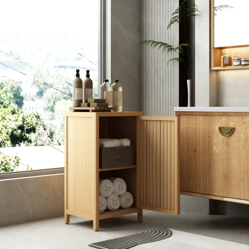 Bamboo Freestanding Indoor Floor Cabinet for Small Bathrooms, 16.54x12.99x29.53in, Space-Saving with Door and Shelf for Kitchen Use, 16.54 X 12.99 X 29.53 Inches