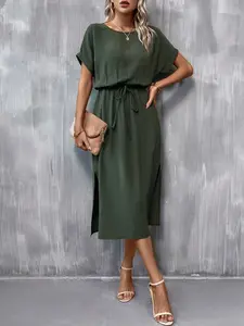 Elegant Minimalist Dress, Womenswear, Drawstring Adjustable Waist, Split Hem, Ruffled Short Sleeves, Office & Casual Wear, Medium-Length Loose Fit