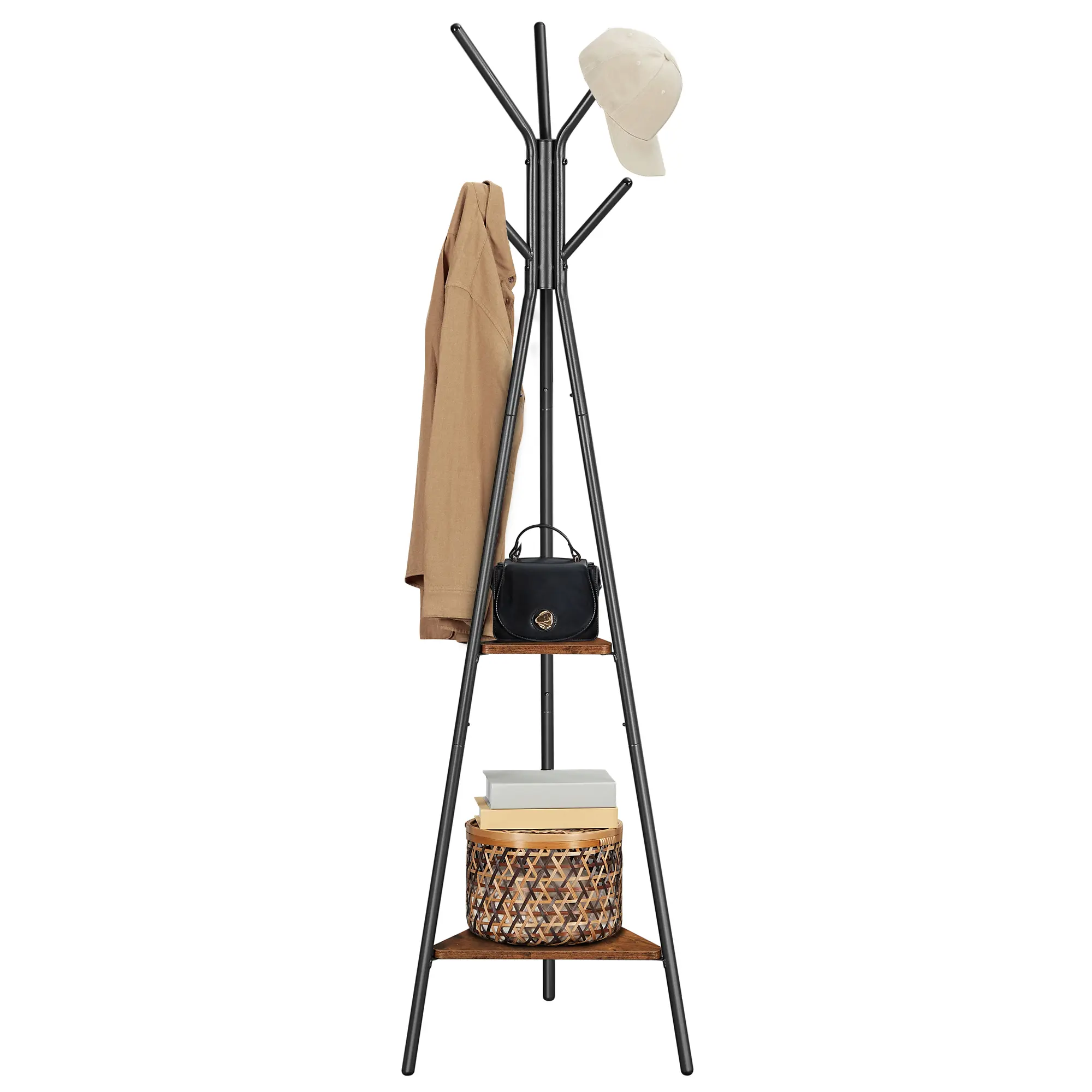 VASAGLE Coat Rack Freestanding, Coat Hanger Stand, Hall Tree with 2 Shelves, for Clothes, Hat, Bag, Industrial Style, Rustic Brown and Black URCR16BX | Coat Hanger Stand, for Clothes, Hat, Bag, Contemporary Style