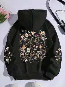 Women's Floral Print Drawstring Fit Long Sleeve Hoodie, Fashion Casual Chic Style Pocket Hooded Sweatshirt for Daily Outdoor Wear, Women's Clothing for Fall & Winter