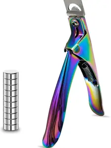 Acrylic Nail Cutter with Magnet Sizer & Length Measurement,Adjustable Stainless Nail Trimmer for Salon Home Nail Art, Professional Nail Clippers for Precise Manicures (Rainbow)