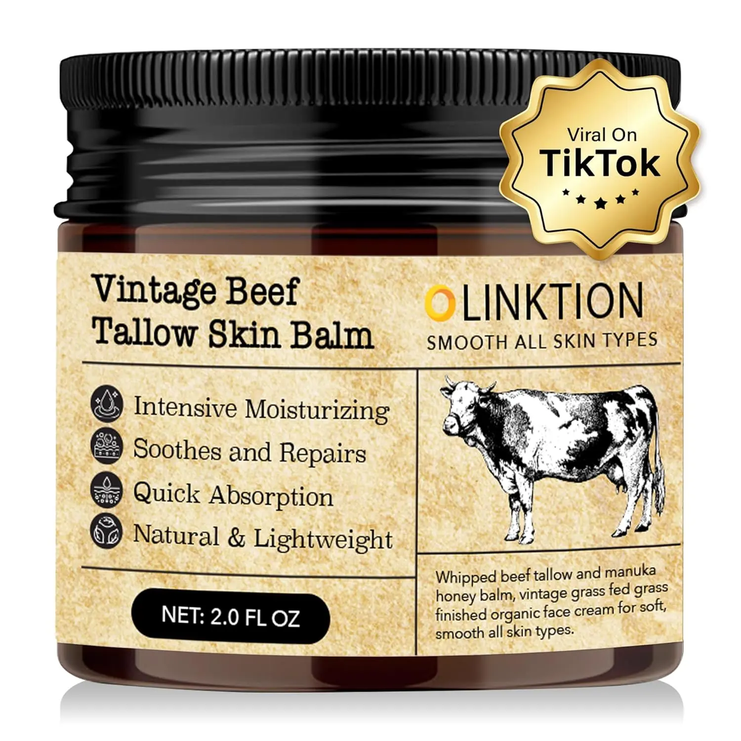 Beef Tallow Honey Balm for Skin:100% Grass-Fed Beef Tallow Moisturizer For Face and Body For Sensitive Dry Skin Repair 2 oz