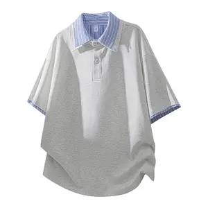 Men’s preppy faux two-piece short-sleeve T-shirt, new for summer, double-layered mock neck, loose fit, stylish, unisex, trendy streetwear brand