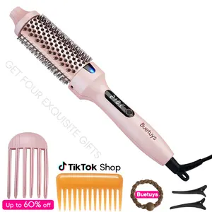Buetuys 3-in-1Curling Iron Thermal Brush 1.5"Barrel for All  Types Blowout Brush Pink  Straightener Curler Styling Tools  with LED Display Automatic Ceramic salon-quality curl Small Heating Pencil Straightener hair dryer