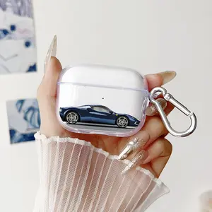 Blue Sports Car Pattern TPU Soft Protective Case for Apple AirPods 4/3/2/1/Pro/Pro2 Transparent Earphone Cover with Keychain Attachment