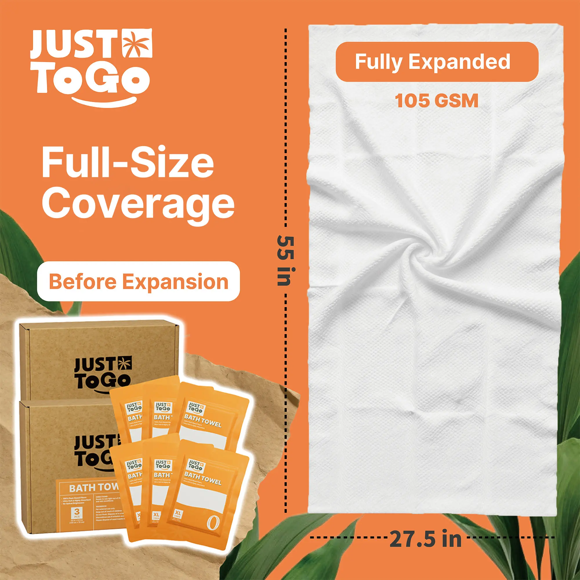 JustToGo Disposable Compressed Large Bath Towels (6/3 Packs) - 55x27.5 in, Plant Fiber Non-Woven, Ultra Soft, Thick, Absorbent, Anti-Bacterial, Breathable, Individually Wrapped, Lightweight Eco-Conscious Essentials for Travel, Emergencies, Hotel Stays, An