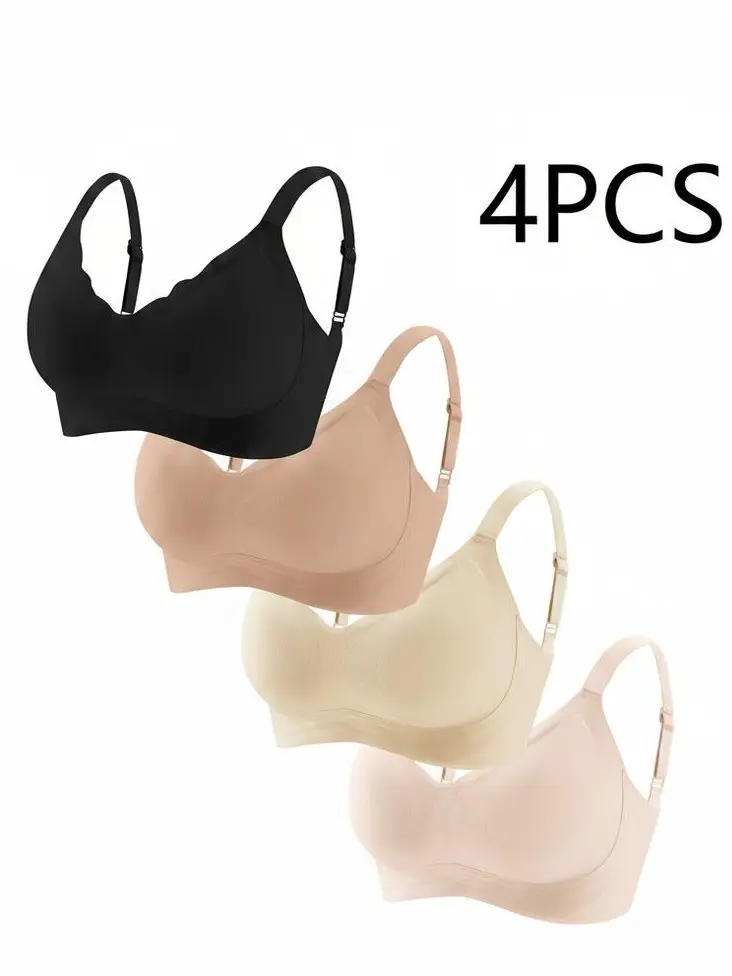 QETLAN Women's Seamless Wireless Bras 4-Pack - Basic Soft Spandex Nylon Fabric Solid Everyday Bras with Full Coverage, Adjustable Flat Straps, Breathable Design, Push Up Support, Jelly Light Feel, 2XL, Ideal Gift for Moms to Match Outfits, Hook Closure, 2