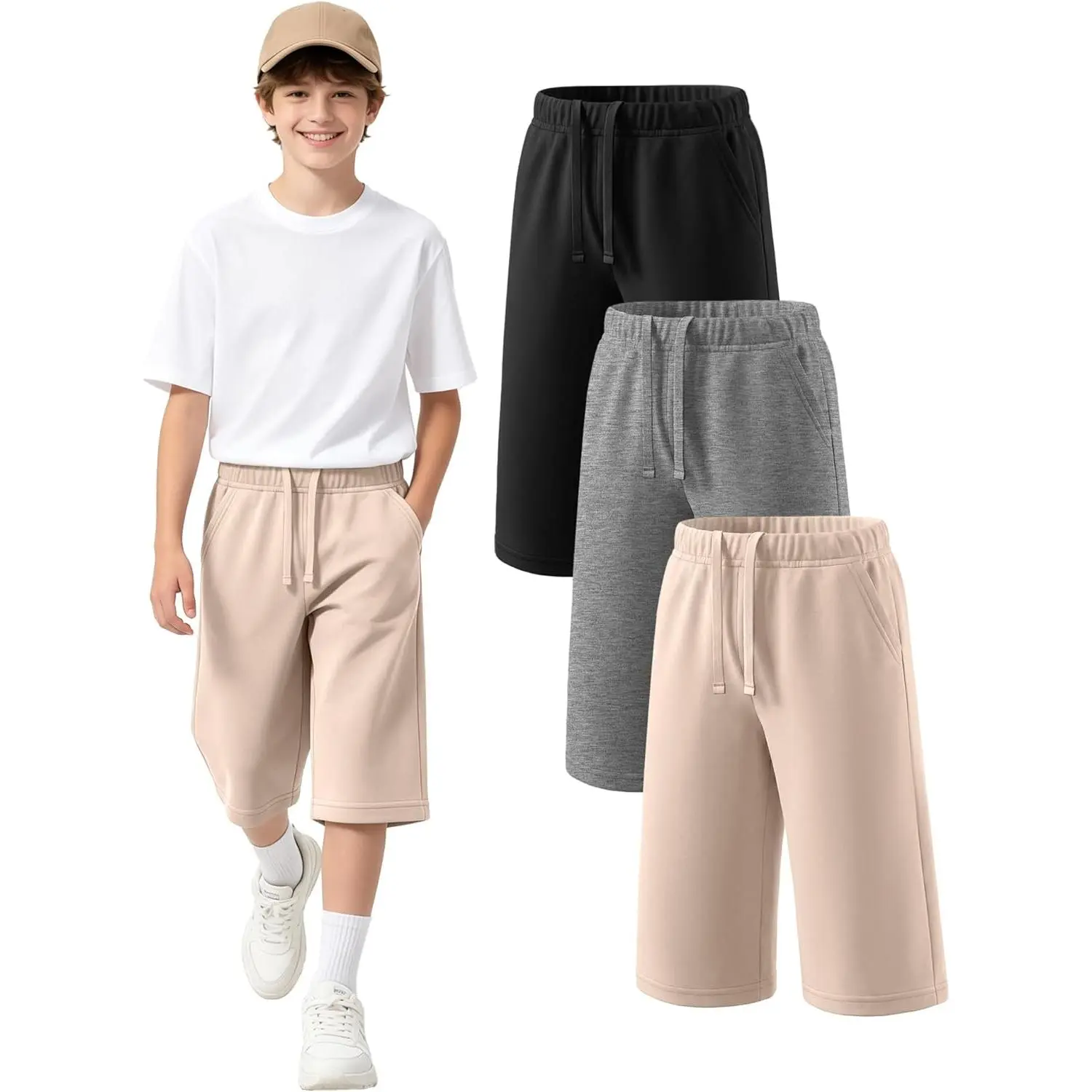 Boys' 3-Pack Wide Leg Below-Knee Summer Shorts - School Uniform Bottoms with Pockets, for 6-16 Years Old Kids