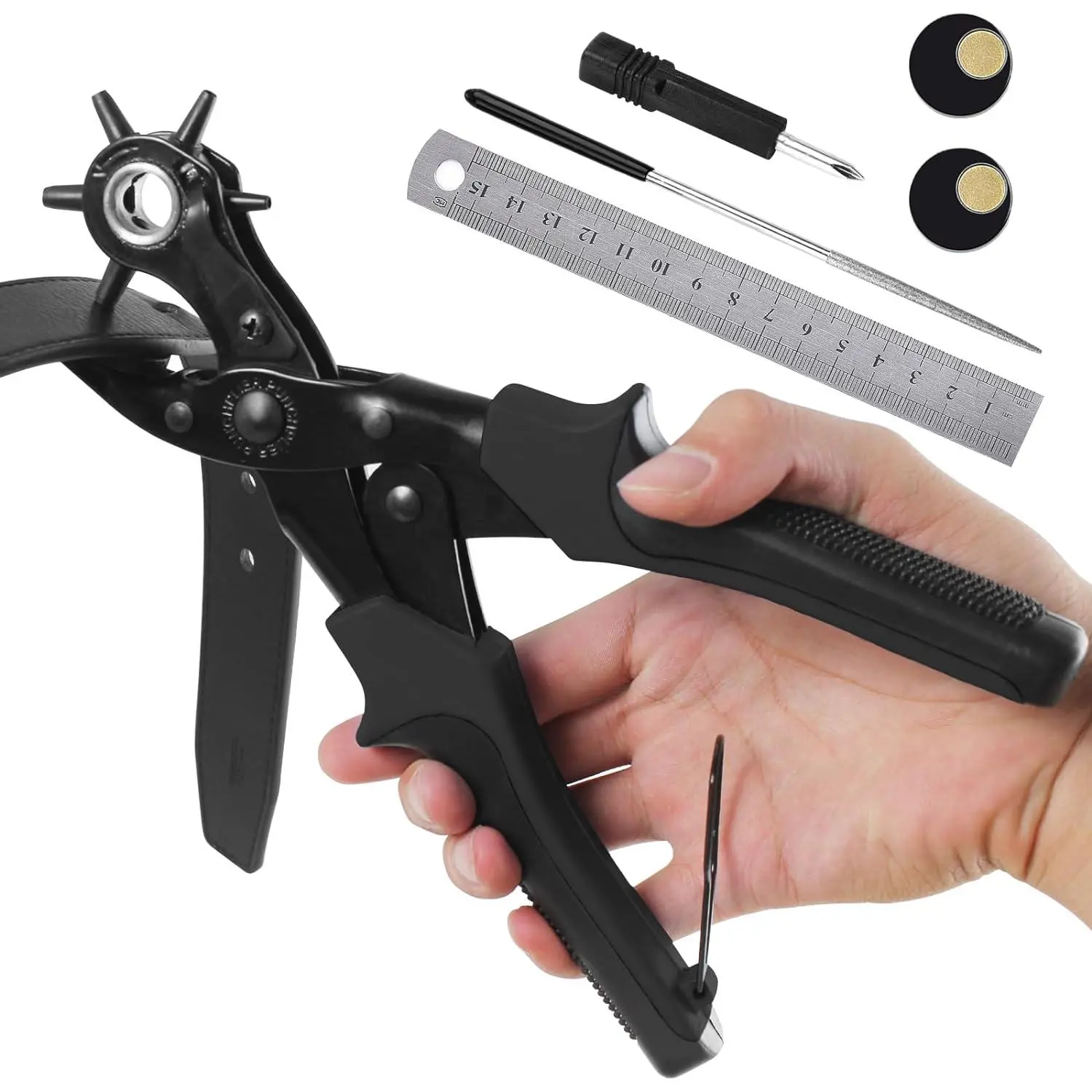 (R) Leather Hole Punch, Heavy Duty Belt Hole Punch, Revolving Punch Plier Kit with Extra Grinding , Punch Plates, Ruler and 6 Marked Hole Sizes for Watch Band, Crafting, Fabric - Black