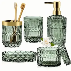 5 Piece Luxurious Bathroom Accessory Set, Bathroom Essentials Accessories, Includes Soap Dish, Lotion Dispenser, Toothbrush Holder, Glass Cup and Cleaning Stick Container