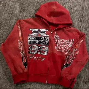2025 Street Hip-Hop Printed Hooded Sweatshirt - Unisex Black & Red Zipper Jacket - Harajuku Casual Sweater, Urban Streetwear comfortable long sleeve season wear mud wash denim designer clothing az fashion skull hoodie men Autumn ween comfort color