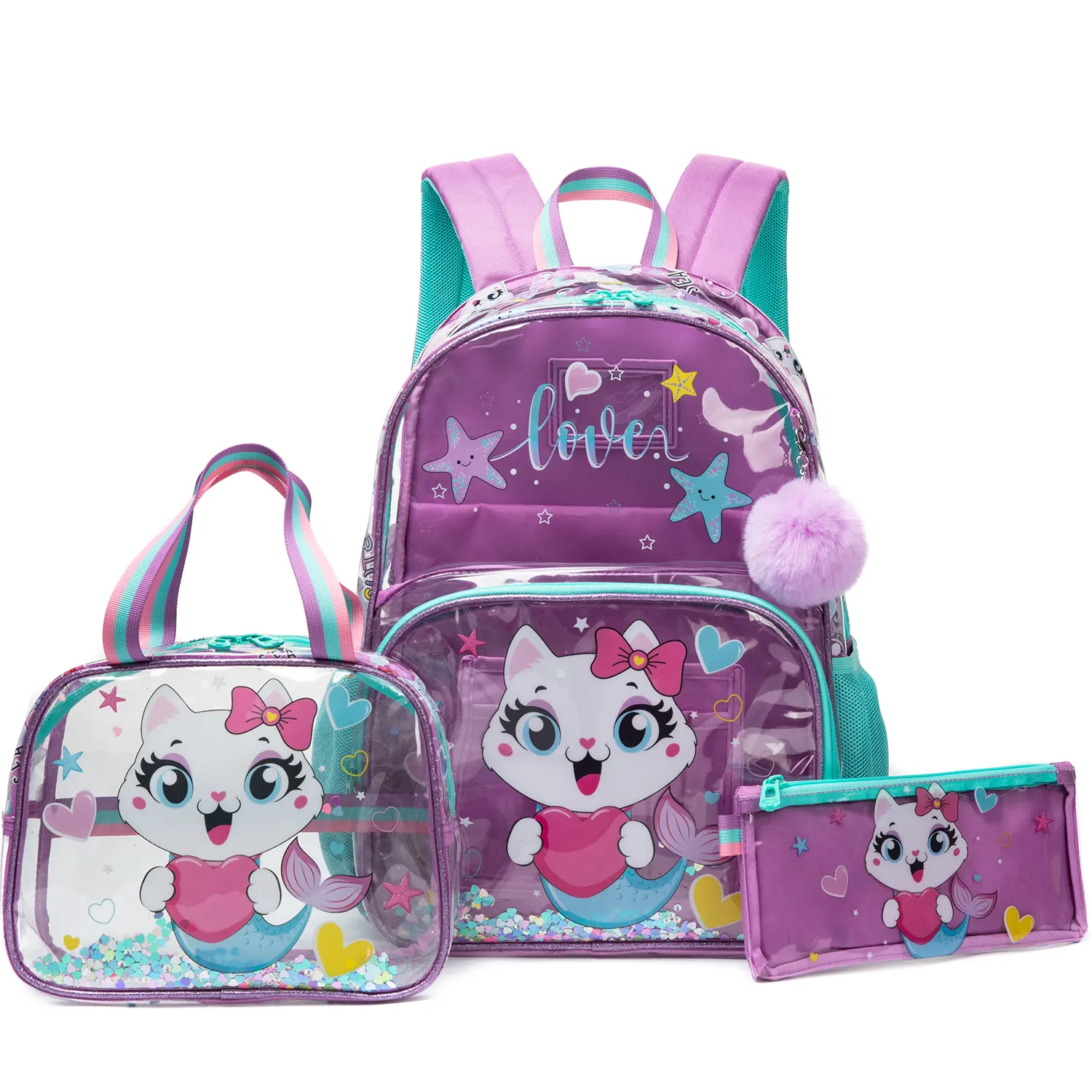 Girls' Clear Glitter Purple Cat Mermaid 3-Piece Backpack Set - Transparent "Love" Elementary School Bag with Matching Lunch Bag, Pencil Case, Ergonomic Padded Straps cute three-piece