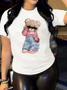 Women's Bear Print Round Neck Cool Graphic Tee, Casual Stylish Tee, Fashion Casual Crew Neck Short Sleeve Fitted T-shirt Tops, Casual Chic Top, for Daily Holiday Vacation Outdoor Wear, Ladies Clothes for All Seasons, Womenswear