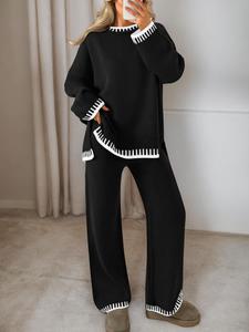 women's 2 pcs sweater set, long sleeve round neck colorblock sweater top and long sweatpants, casual loose fit knitwear for fall winter, 2 piece loungewear set for women