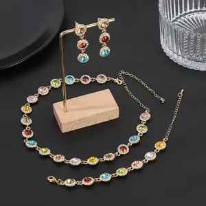 3PCS Fashion Jewelry Set Full Diamond Rainbow Color Choker Necklace Bracelet & Earrings for Women Elegant Simple Short Sparkling Zircon Choker Set