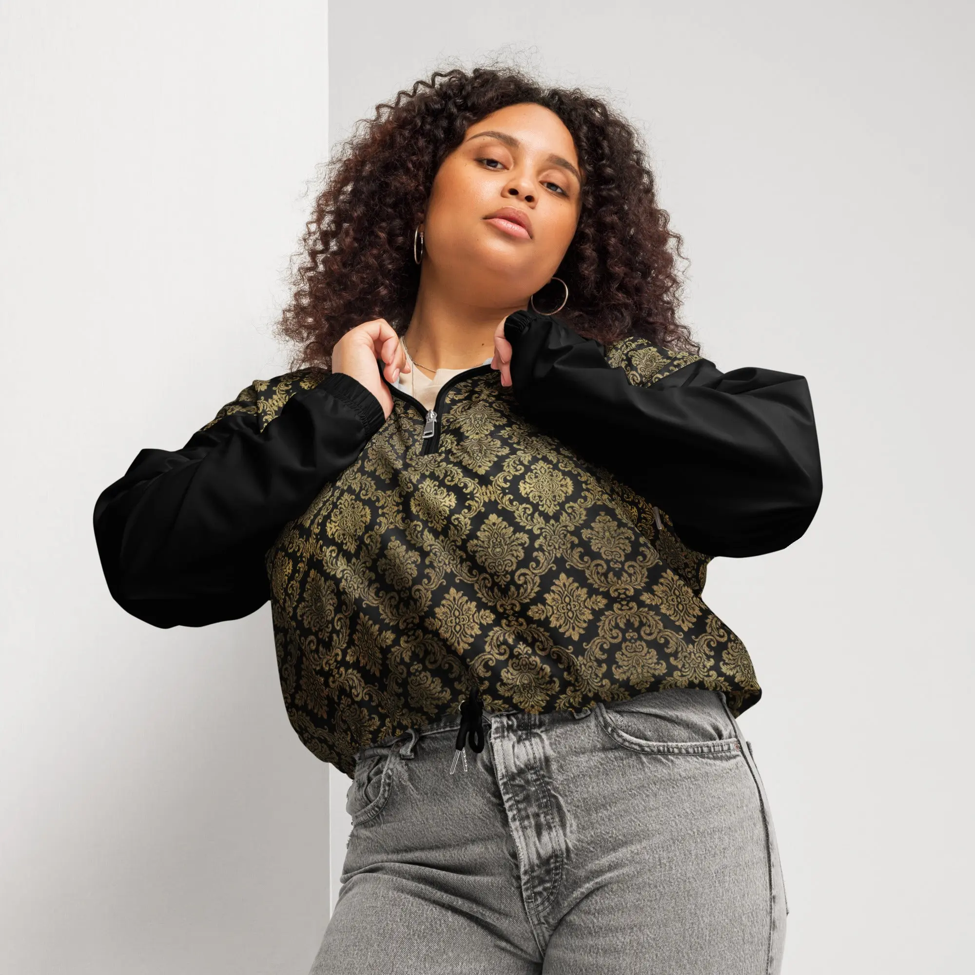 Life Coach Approved Black Brocade Women’s Cropped Windbreaker