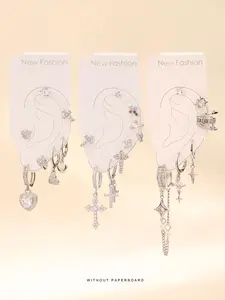 Women's Rhinestone Decorated Earring Set, Cool Earrings, Including Star & Heart & Cross & Chain Design, Unique Jewelry for Birthday Gift, High Quality Earrings, Trendy Fashionable Accessories