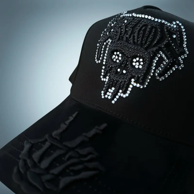 Rhinestone Skull Matte Black 3D Puff Embroidery Silver Finish Chain with Crystals Skull Charms One Sized Fits Most Street Wear Y2K Grunge Premium Quality