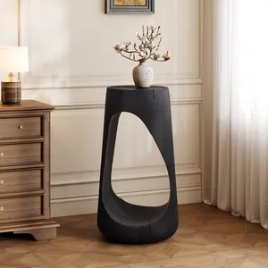 Outdoor Side Table,Hollow Design End Table,Patio Garden Stool Table,Decorative Accent Table for Patio Balcony Beach Pool Side,Lightweight Concrete,Wood Like Texture,Black Color