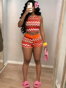 Retro Wave Print Halter Top Sleeveless & Shorts Two Piece Set, Women's Y2K Style Casual Fashion Outfit for Party & Streetwear Womenswear Clothes