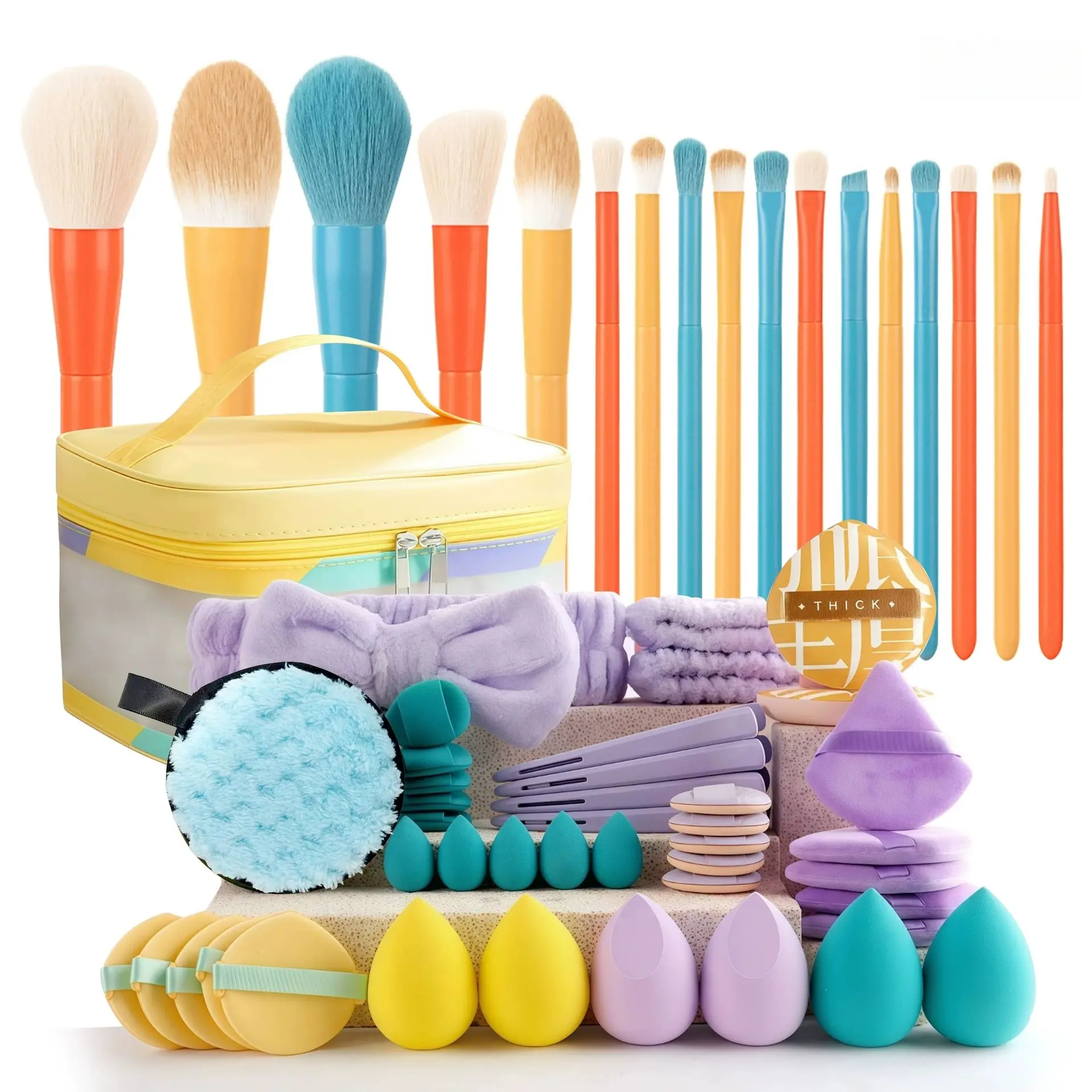 Rainbow Makeup Brush Set 59 Pieces with Beauty Sponge and Bag, 17 Brushes + Multiple Sponges, Professional Makeup Tools Kit, Blurring Brush Set