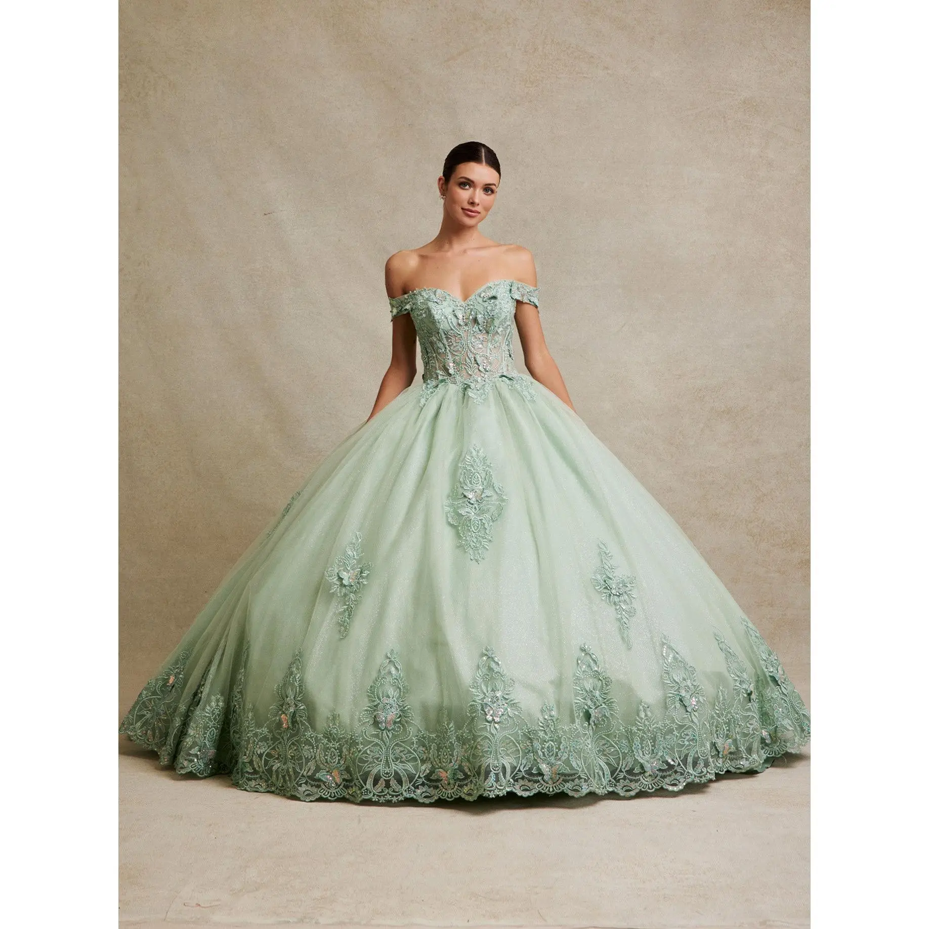 Luxury Sage Green Ball Gown Prom Dress with Lace Appliqué & Corset Back – Designer Quinceañera & Formal Dress 2026 #SIWF2813
