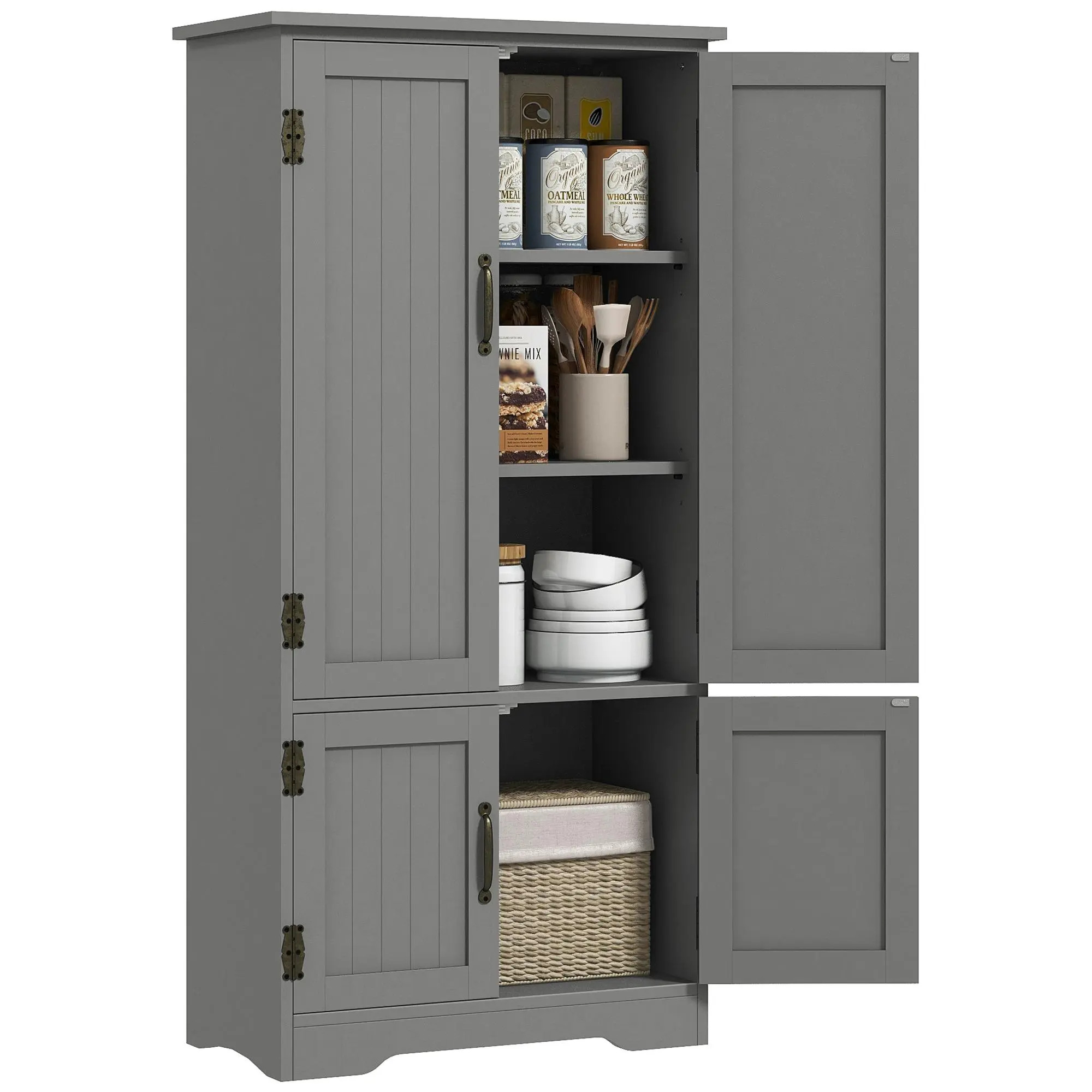 HOMCOM 48.5" Kitchen Pantry Cabinet with 2 Adjustable Shelves and 4 Beadboard Doors, Compact Farmhouse Kitchen Storage Cabinet for Dining Room, Gray