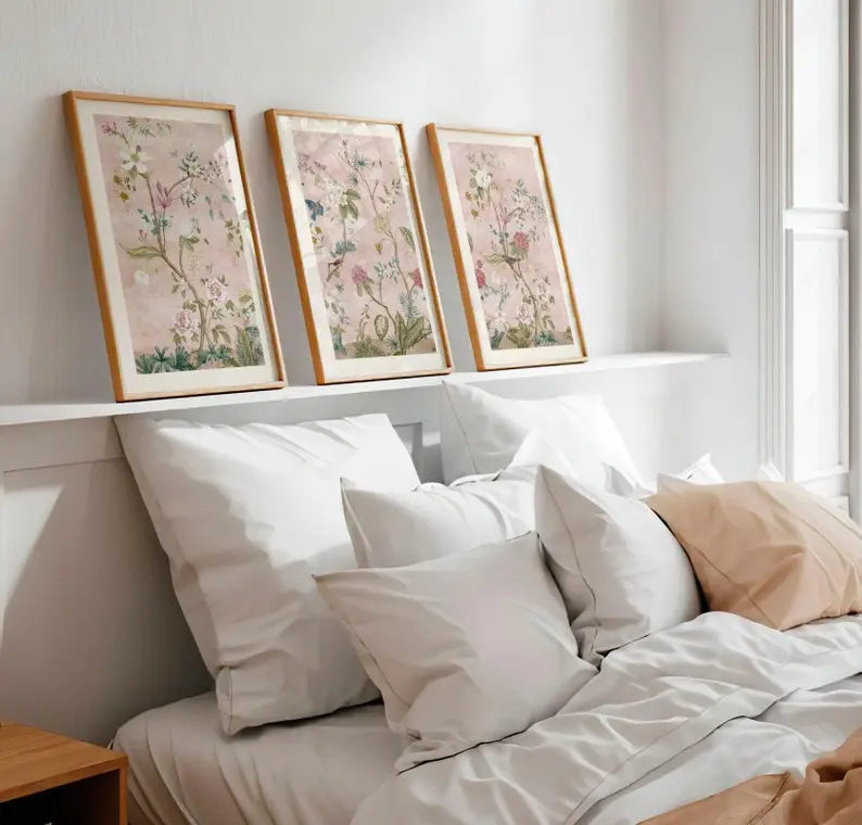 Set of Three Pink Chinoiserie Panel with Birds & Flowers Prints | Vintage Japanese Tapestry Wall Art Poster, Asian Silk Textile Drawing The Masque of Queens