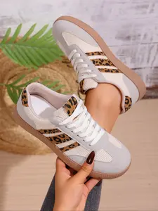 Women's Beige & Leopard Print Lace - up Sneakers, Breathable Woven Fabric, Retro Style, Ideal for Daily Walking, Urban Commuting, and Casual Outings, Comfortable Ladies' Casual Walking Commute Fashion Sneakers