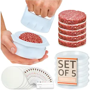 Hamburger Press Patty Maker - 4 in1, Burger Mold, Patty Press, 5 Storage Containers, 100 Round Papers - Hamburger Patty Maker Tool for BBQ - Burger Shaper for Meat, Veggie Patties