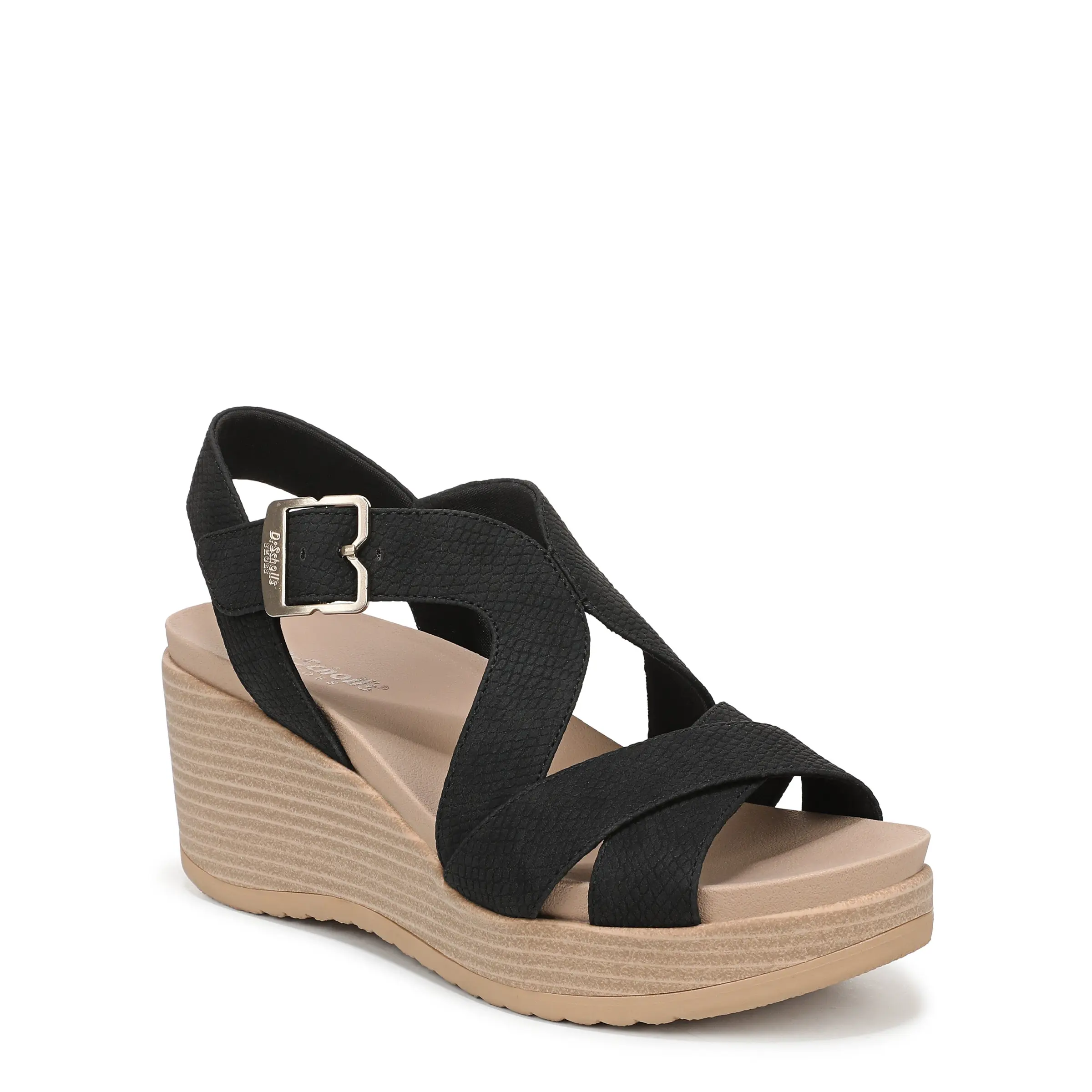 Dr. Scholl's Women's Cali Wedge Heel Sandals - Faux Leather Crisscross Block Platform, Adjustable Ankle Strap, 2.625-in Comfortable Heels, Recycled Liner, Anatomic Footbed, Casual Beach Strappy Footwear