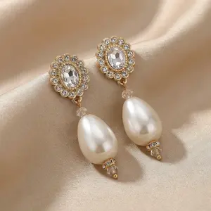 Silver-plated copper alloy earrings inlaid with rhinestones and imitation pearls