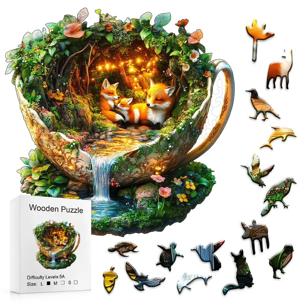Luminous Glowing Teacup Wooden Puzzle - Whimsical Cozy Foxes Scene, Glow Lights, Cascading Waterfall, Fantasy & Sci-Fi Nature Toy for Toddlers' Alphabet Learning, Ideal for Nature Lovers & Dreamy Puzzle Nights