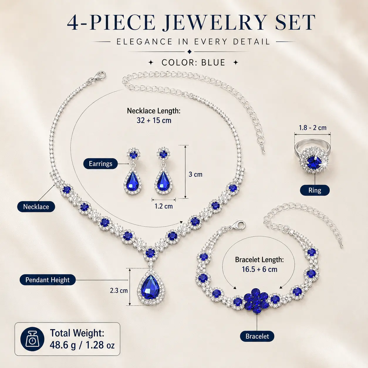 Women's Glamorous 4-Piece Coordinated Set, Sparkling Blue Rhinestone in Silver Tone with Necklace, Bracelet 16.5 + 6 cm & Earrings 3 cm, Feminine, Glitter Details Jewelry Sets, Rhinestone Aesthetic, Lightweight, Layered Jewelry, 48.6 G, Daily Wear, Bling,
