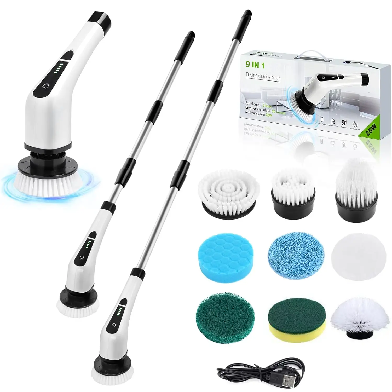 Wireless Electric Spin Scrubber Mop with Handle, 9 Cleaning Brush Heads, IPX7 Rated, Speed Control, Expandable Handle, Long-Lasting Battery Life, Durable Multi-Purpose Cleaner for Bathroom, Kitchen