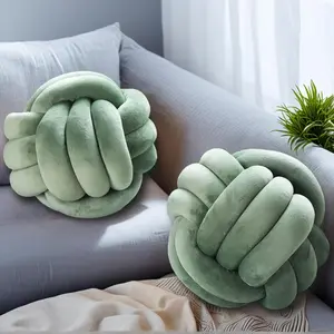 2 Pcs Sage Green Knotted Ball Knot Pillows Plush Throw Decorative Round Pillow Cushions 8.7" for Bed Sofa Couch
