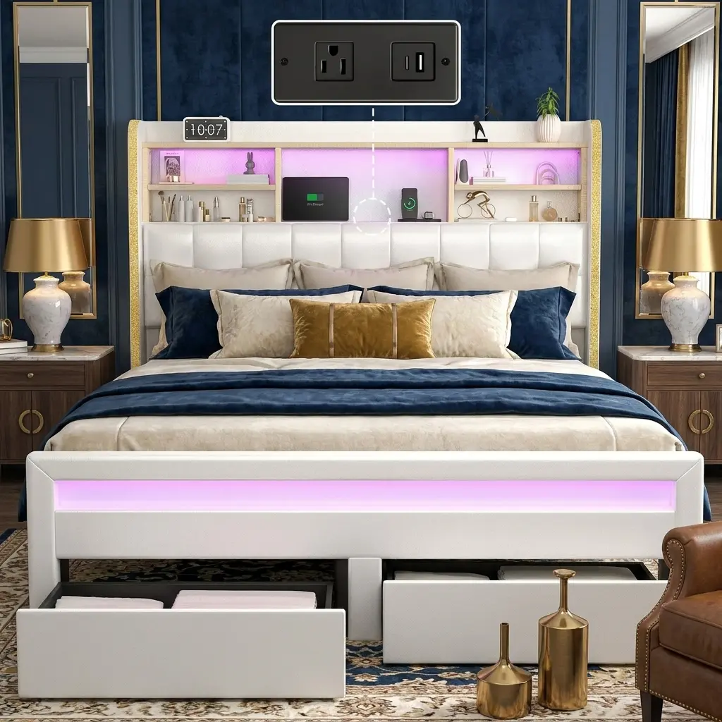 [Summerwins] SIBEDS Queen LED Storage Bed Frame with Bookcase Headboard, Tufted Wingback Upholstered Platform Bed, Optional Mattress Available, Charging Ports, Drawers, No Box Spring Needed, Bedroom Furniture
