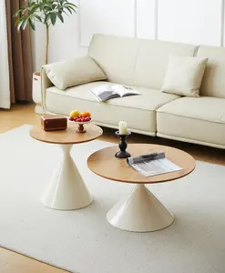 Round Coffee Table Set of 2, White and Wooden Finish, 28 Inch Nesting Coffee Tables, Modern End Tables for Living Room, Sofa Side Table