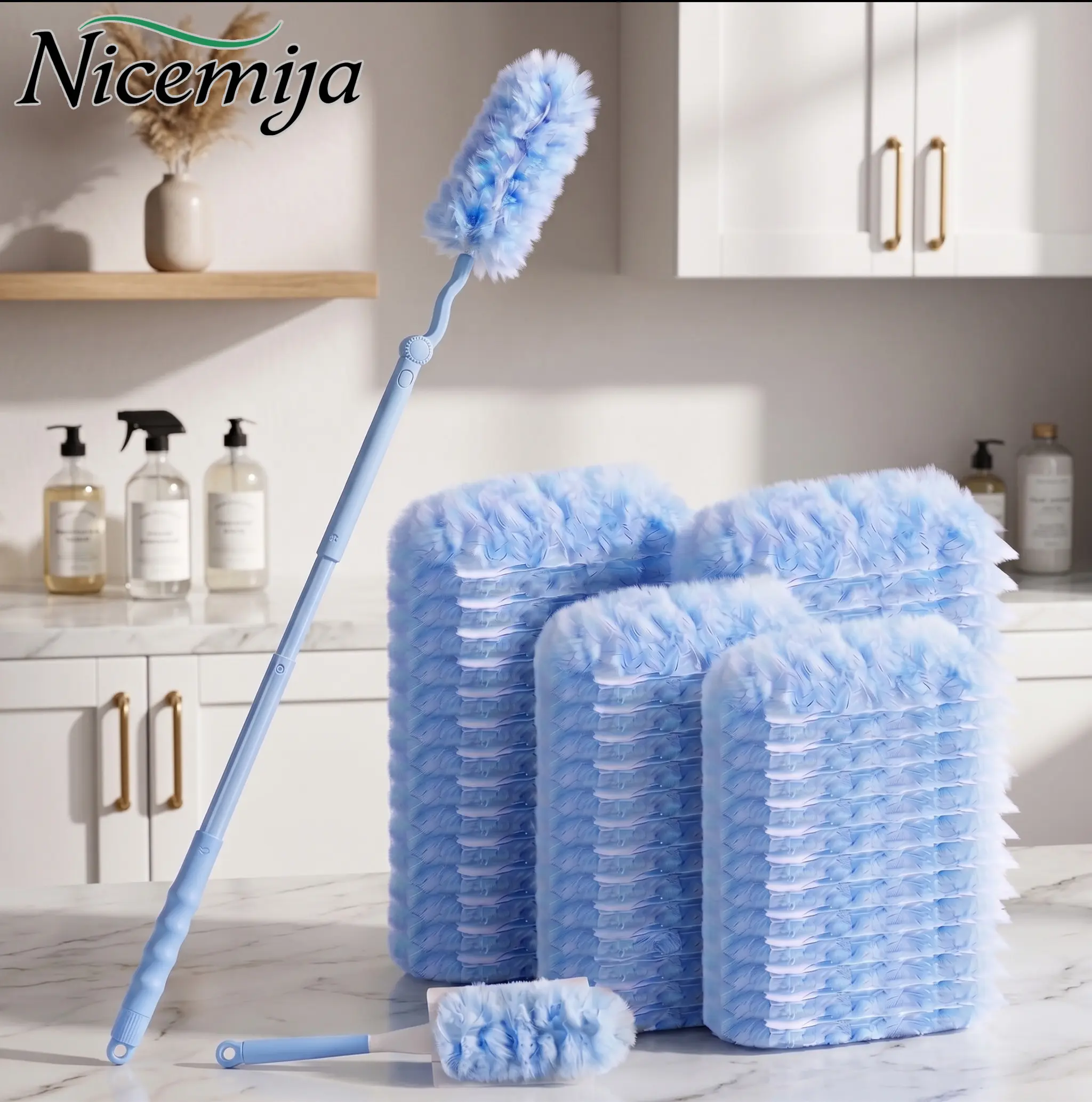 Disposable Duster Refill 40 Counts Set for Swiffer Heavy Duty 2 Side 360° Cleaning 5X Microfibers Electrostatic Dust Removal Include 1 Short 1 Extendable Handle Household Home Cleaning