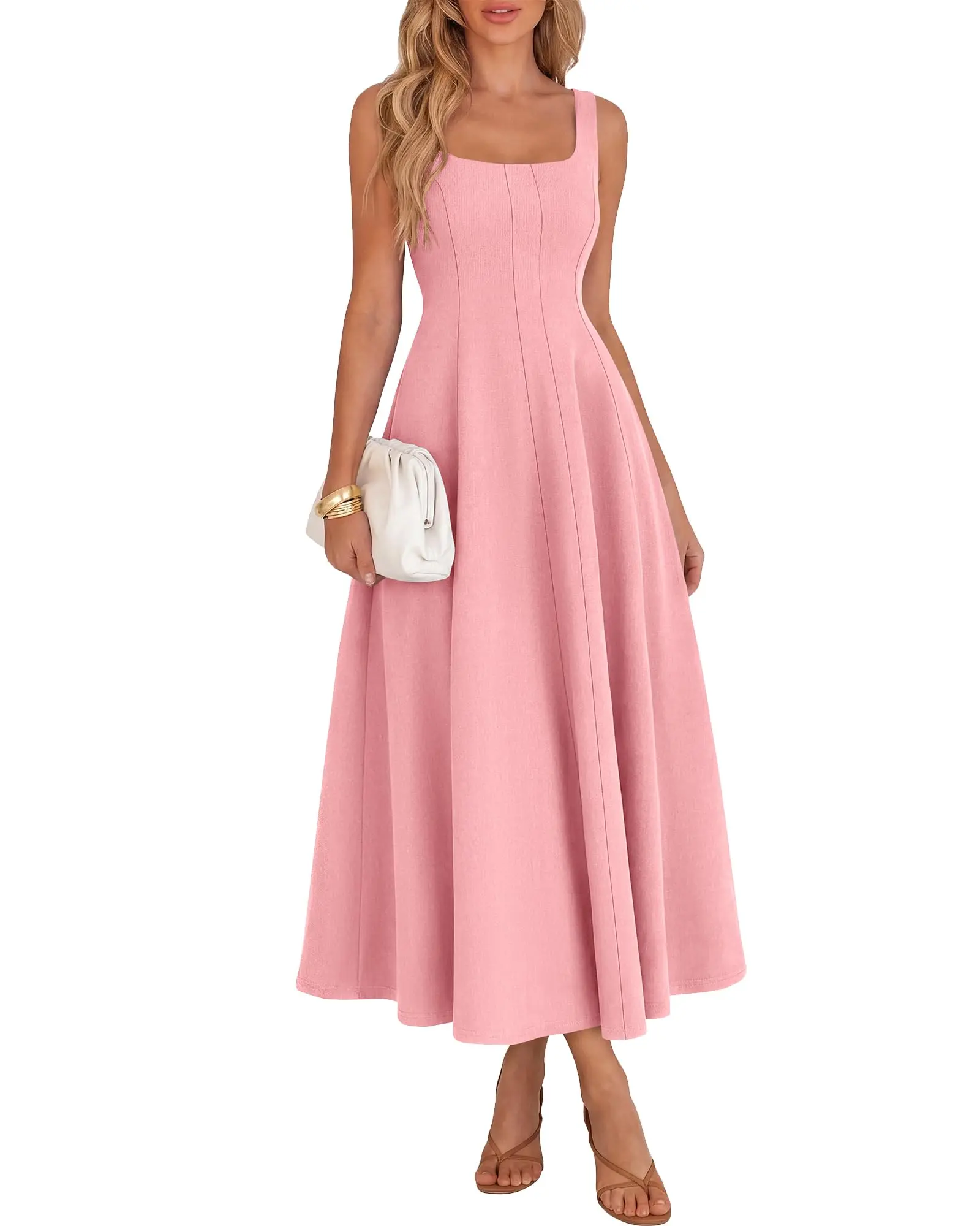 BTFBM Elegant Cocktail Dresses for Women 2026 Summer Square Neck Sleeveless A Line Formal Wedding Guest Party Maxi Dress